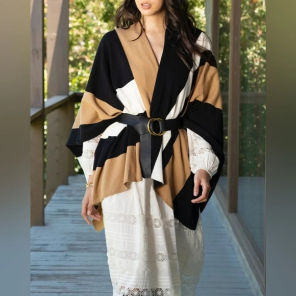 Parrish LA Stevie Neutral Color Block Poncho PA281 - Picture 1 of 7